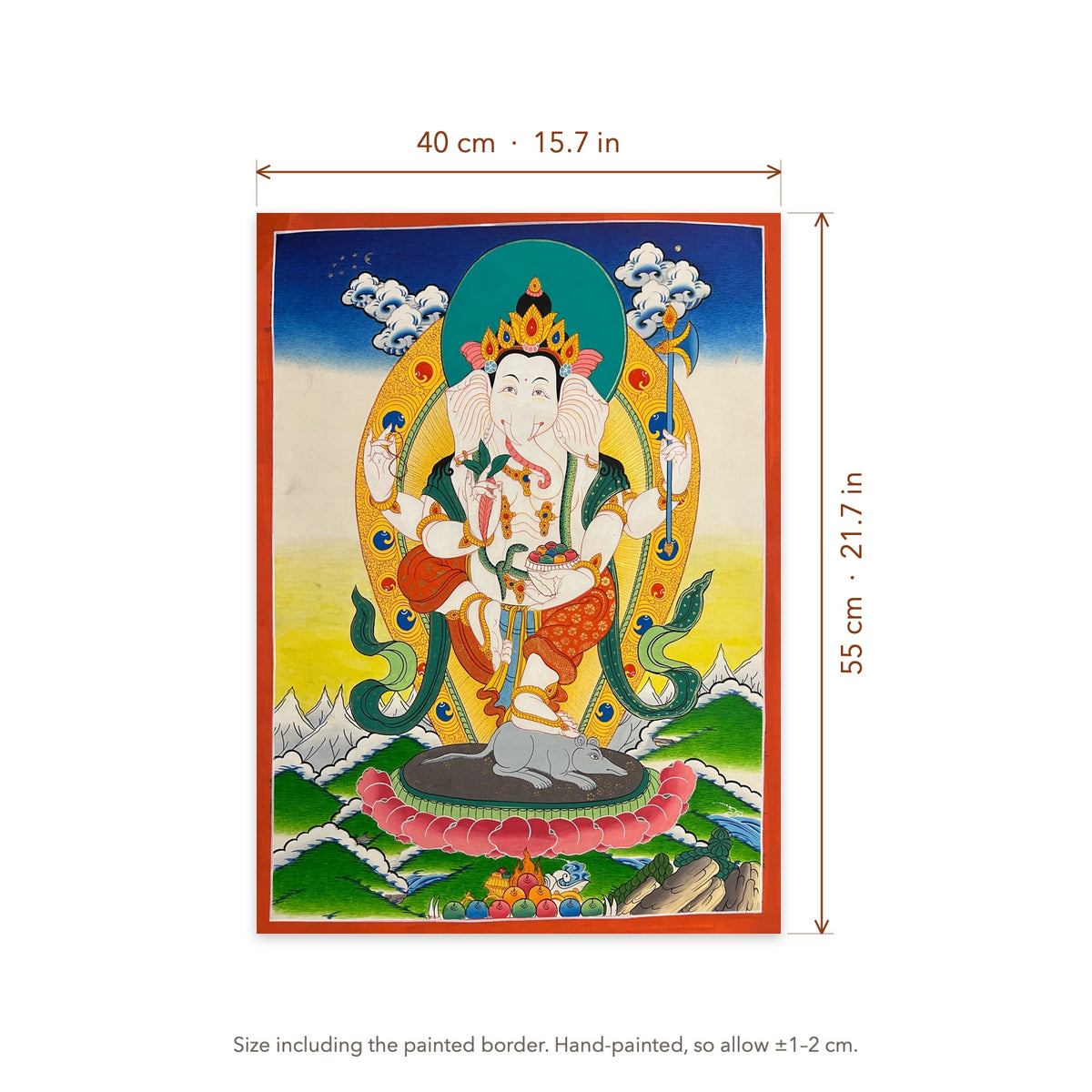 Size diagram: 40 × 55 cm (15.7 × 21.7 in), including the painted border