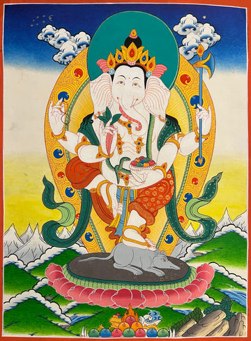 Ganesh thangka, 40×55 cm: white four-armed Ganesh dancing on a rat on a pink lotus