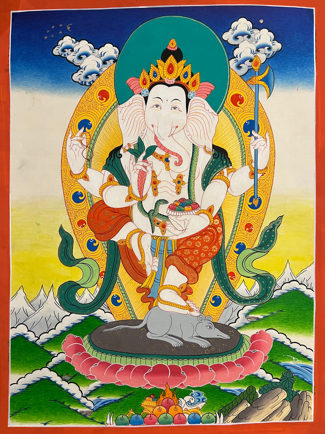 Ganesh thangka, 40×55 cm: white four-armed Ganesh dancing on a rat on a pink lotus