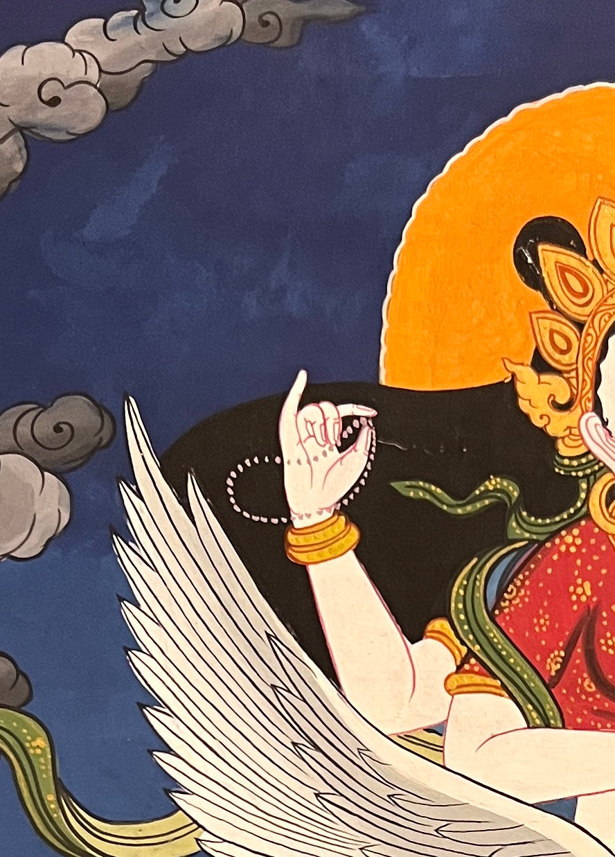 Saraswati thangka, detail: top-left corner