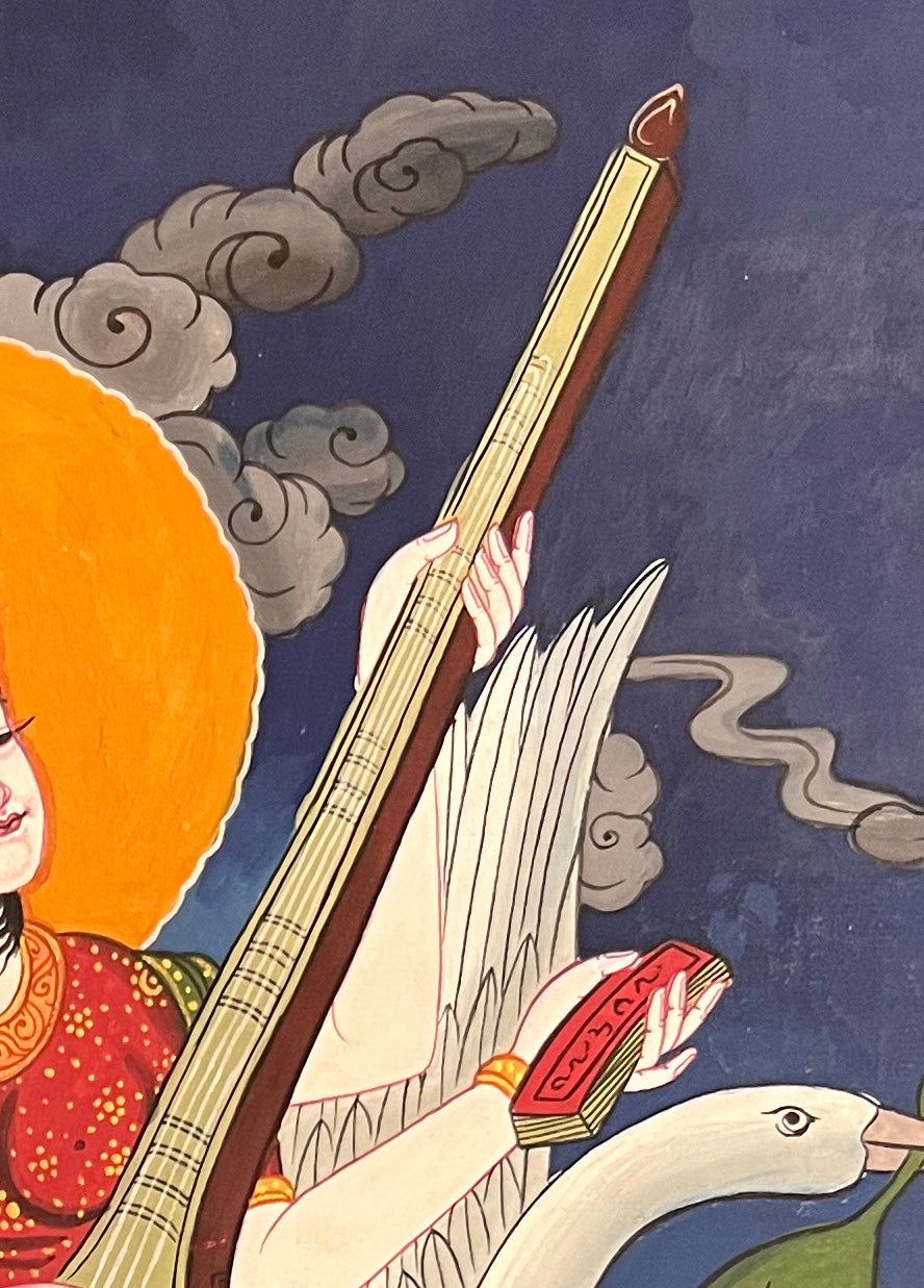Saraswati thangka, detail: top-right corner