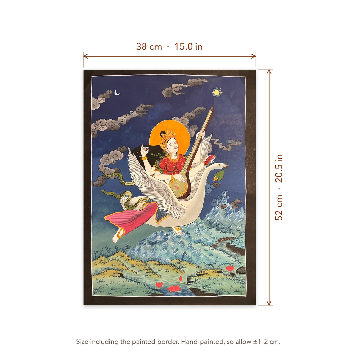 Size diagram: 38 × 52 cm (15.0 × 20.5 in), including the painted border
