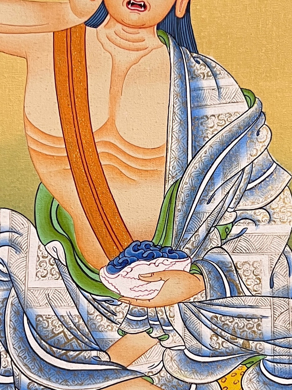 Milarepa thangka, 38×51 cm: Milarepa singing with his hand to his ear, seated on an antelope skin with deer nearby