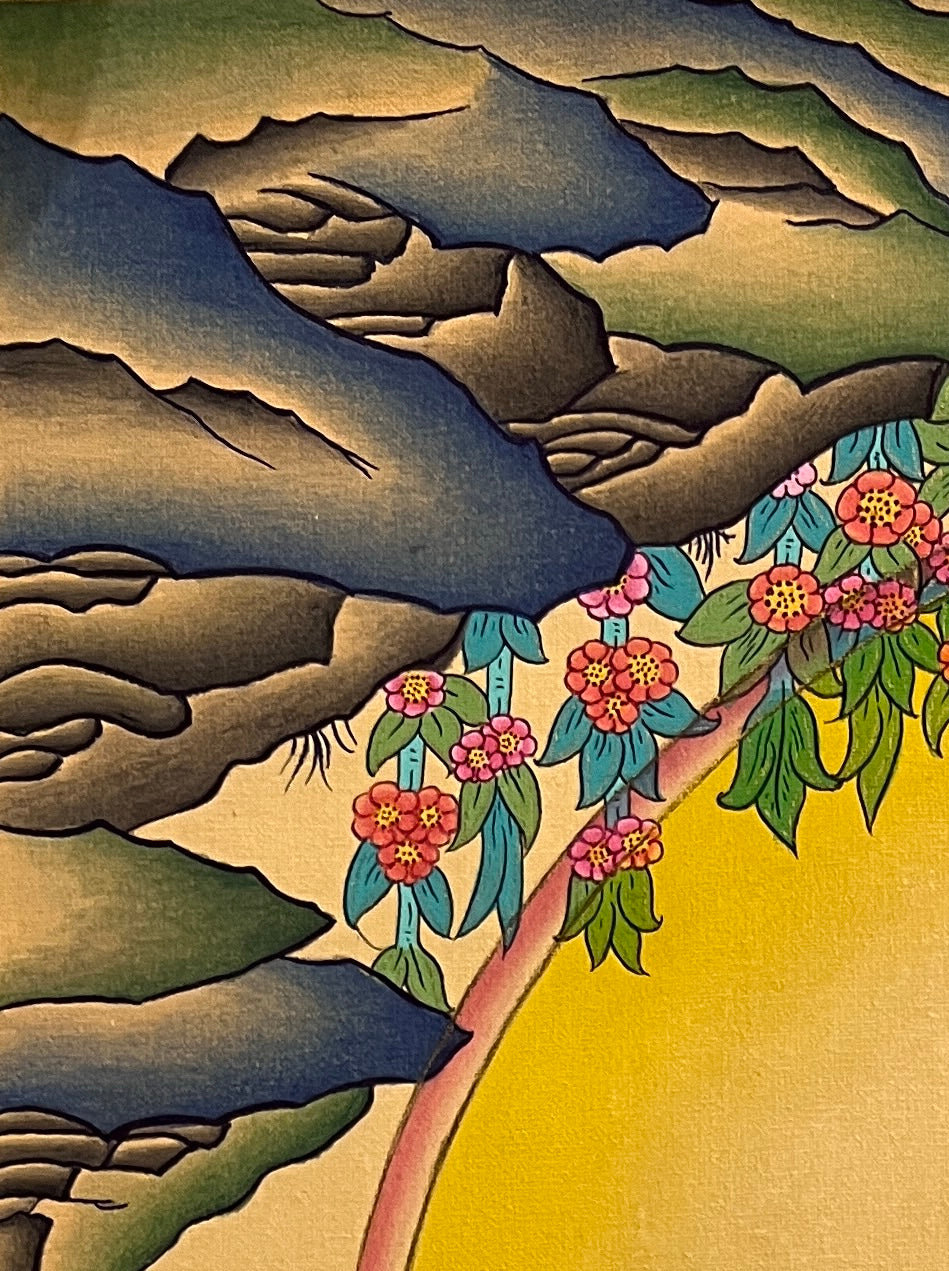 Milarepa thangka, detail: top-left corner
