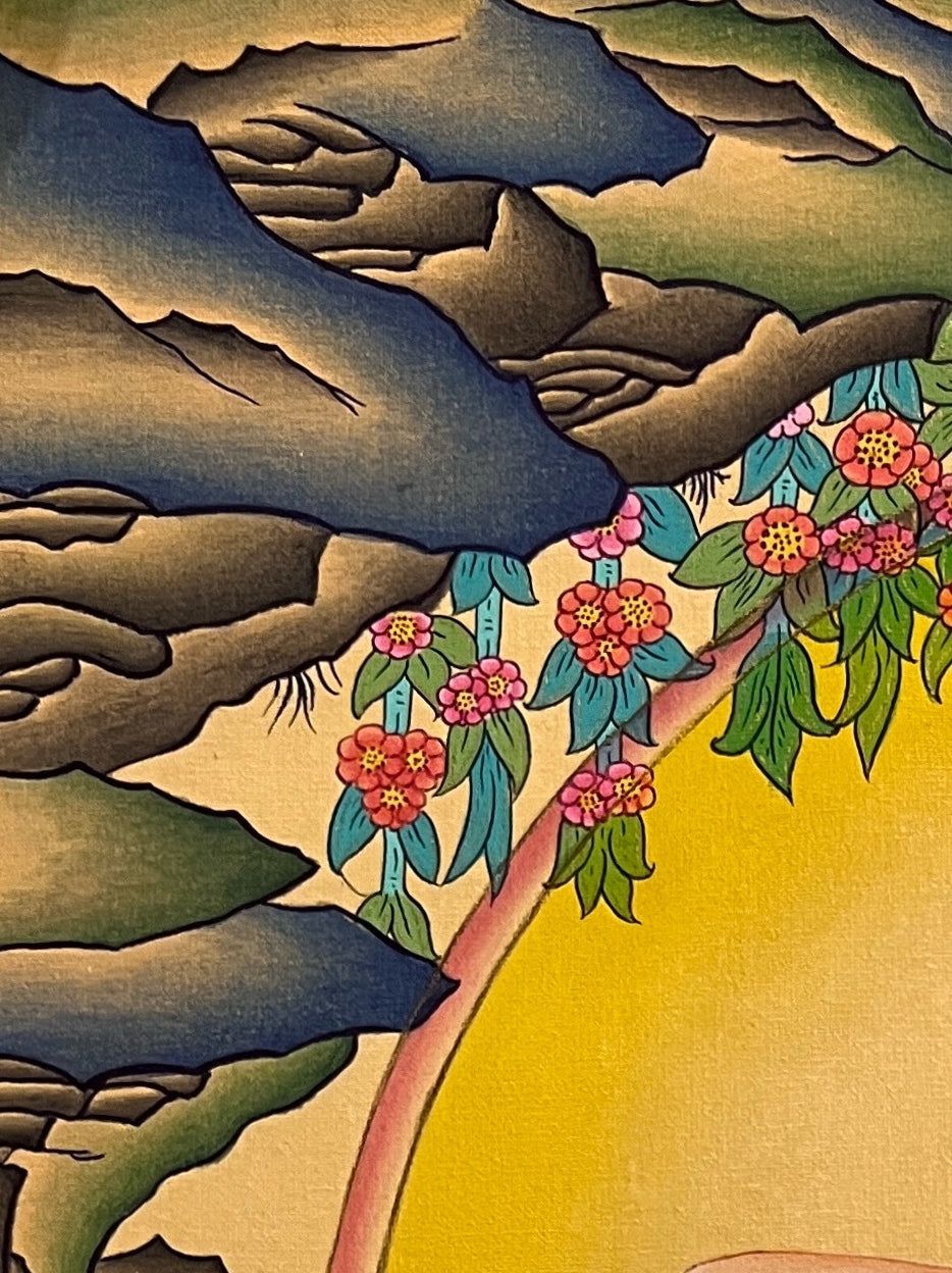 Milarepa thangka, detail: top-left corner
