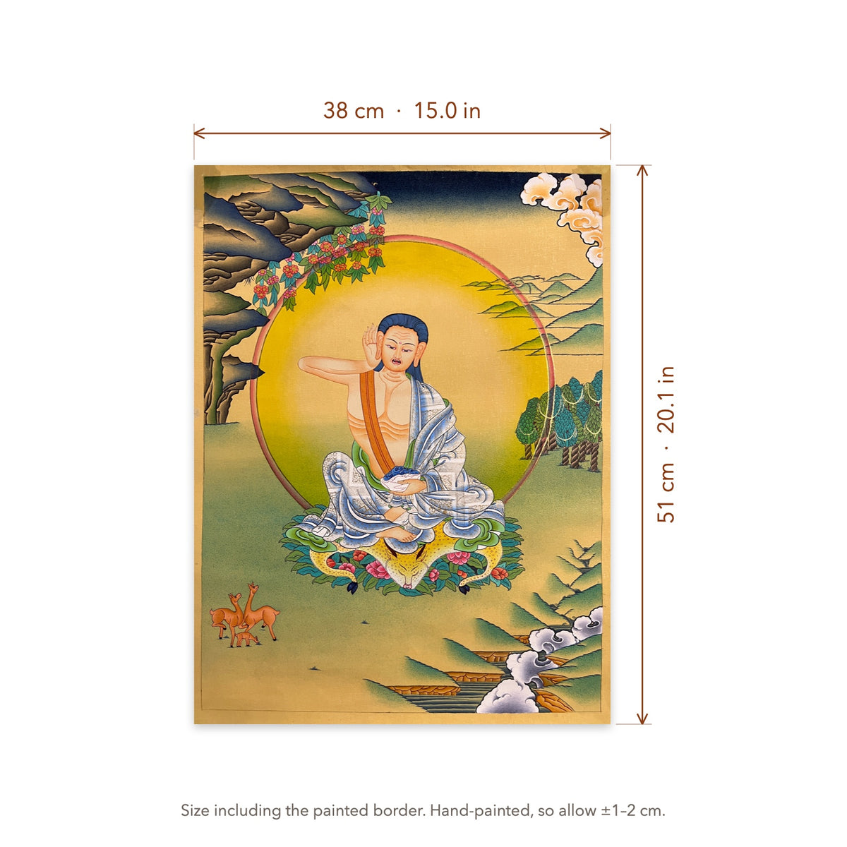 Size diagram: 38 × 51 cm (15.0 × 20.1 in), including the painted border