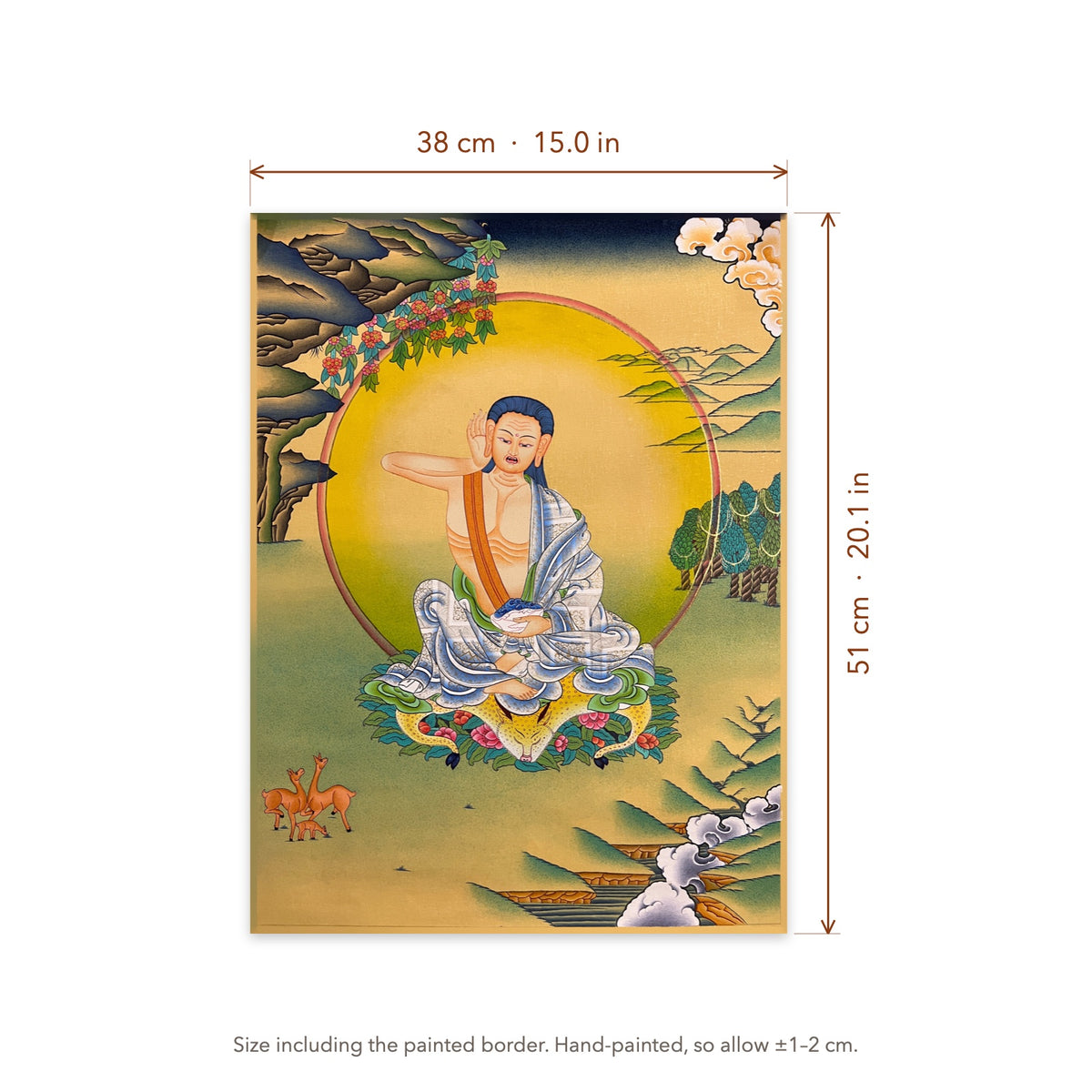 Size diagram: 38 × 51 cm (15.0 × 20.1 in), including the painted border