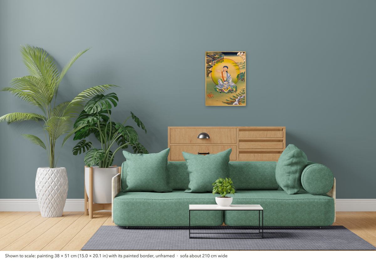 Milarepa thangka shown to scale in a living room, unframed, above a sofa about 210 cm wide (38×51 cm)