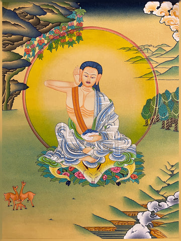 Milarepa thangka, 38×51 cm: Milarepa singing with his hand to his ear, seated on an antelope skin with deer nearby