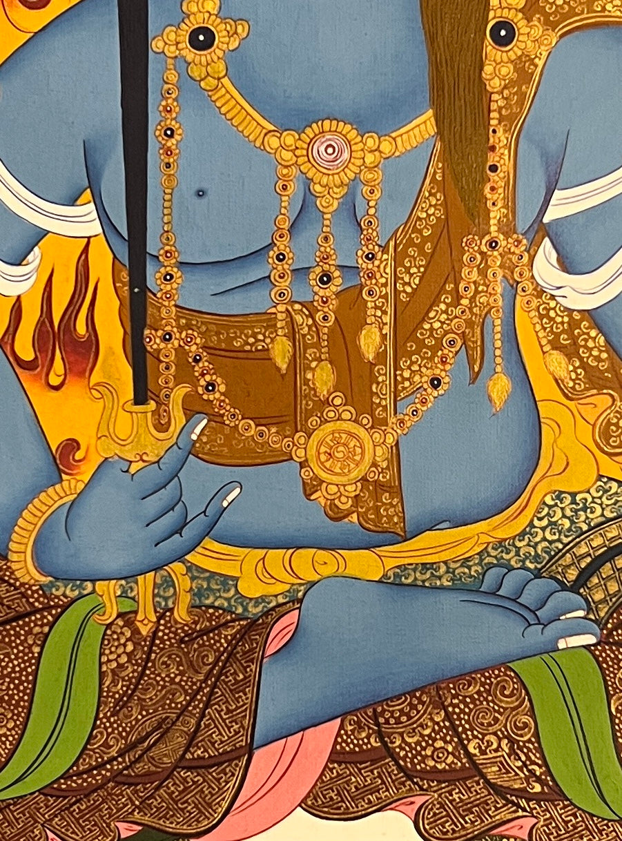 Acala thangka, 45×60 cm: blue Acala seated on a rock platform with a sword and rope before golden flames, signed Gonam Lama