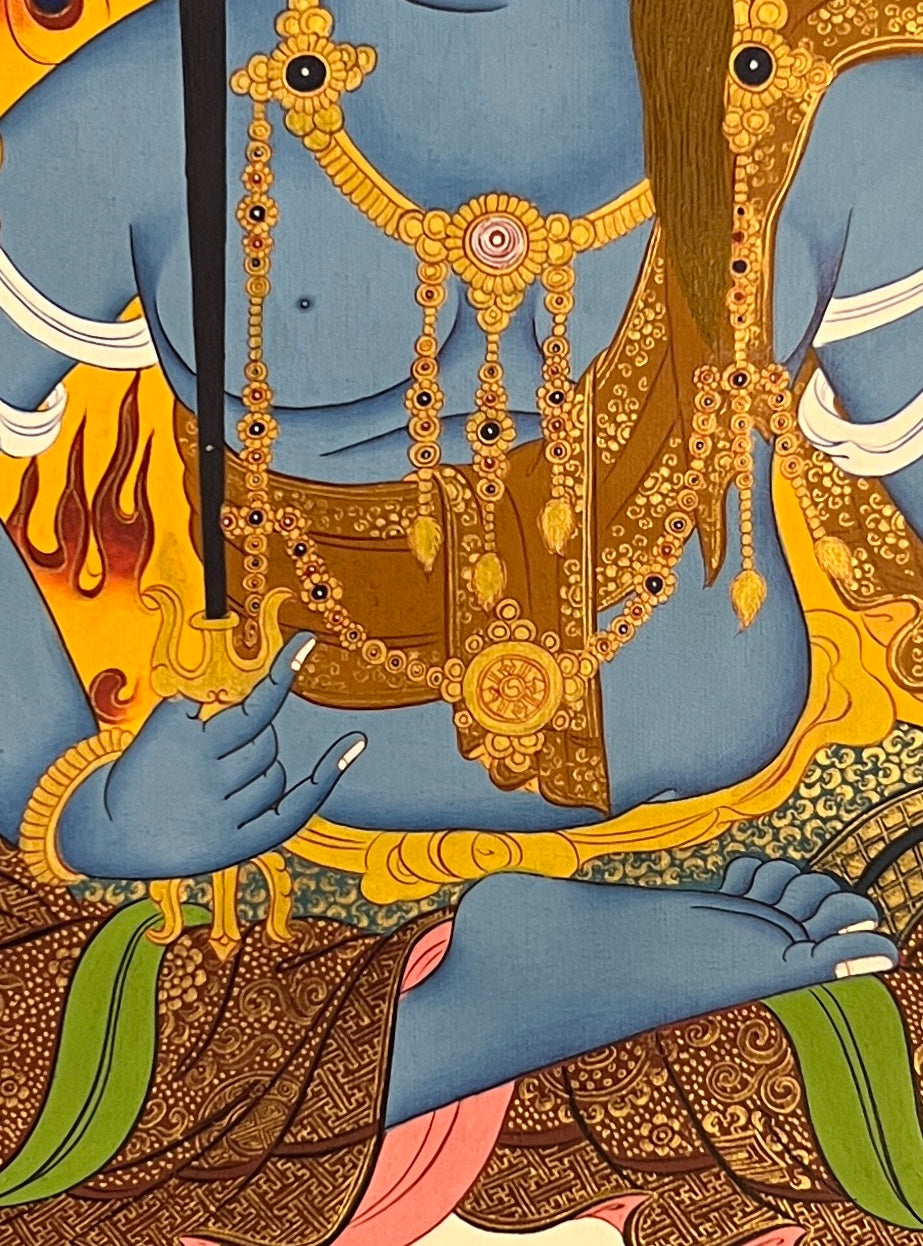 Acala thangka, 45×60 cm: blue Acala seated on a rock platform with a sword and rope before golden flames, signed Gonam Lama