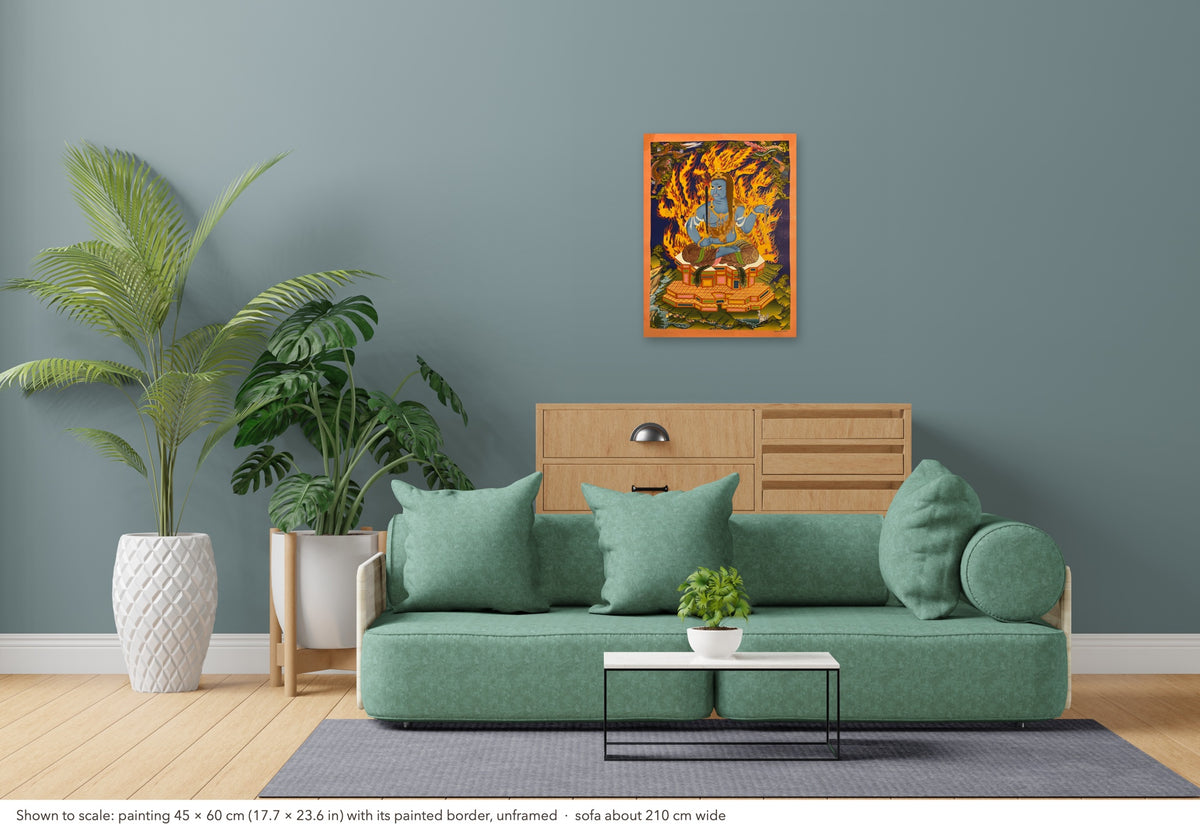 Acala thangka shown to scale in a living room, unframed, above a sofa about 210 cm wide (45×60 cm)