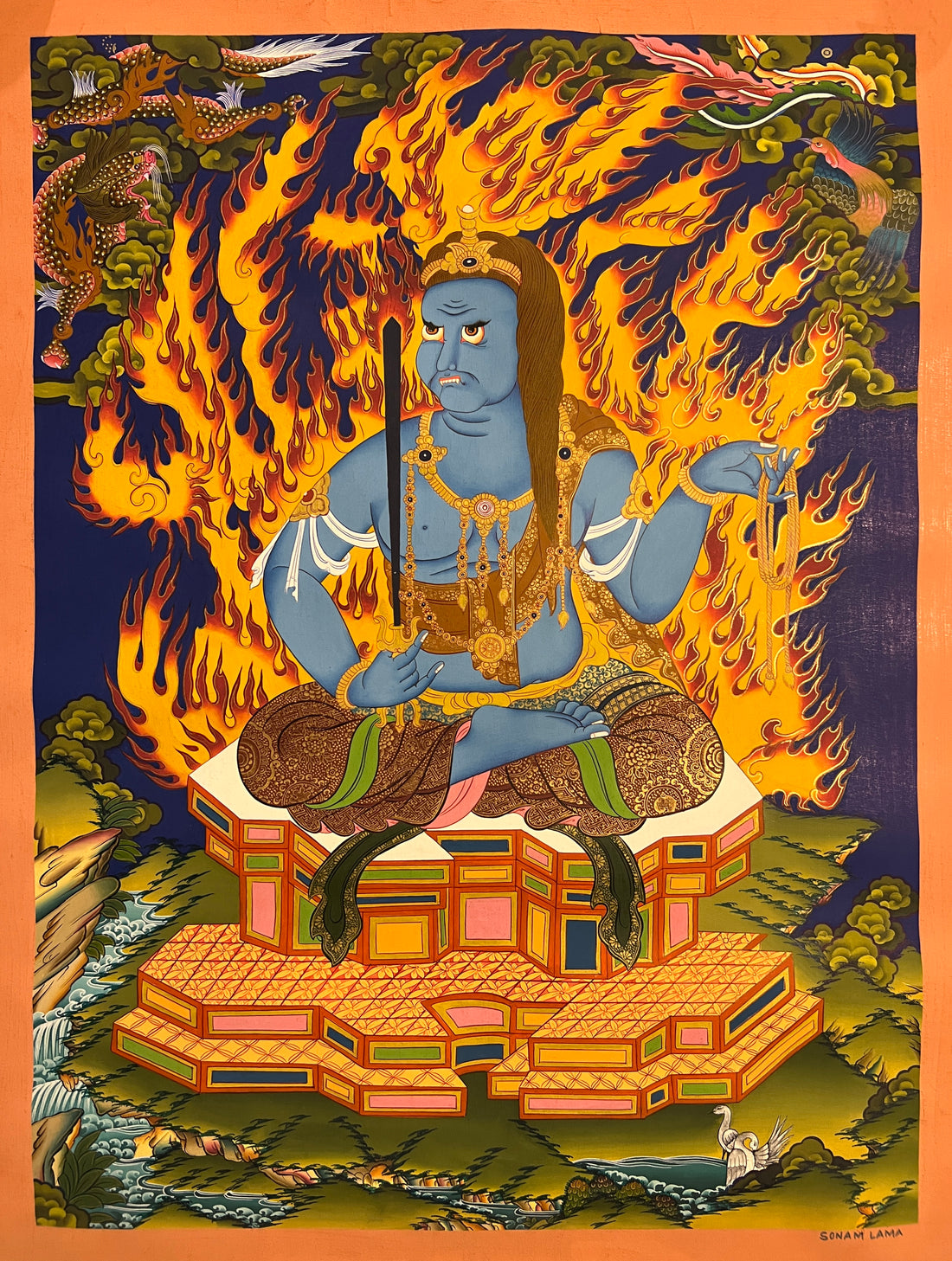 Acala thangka, 45×60 cm: blue Acala seated on a rock platform with a sword and rope before golden flames, signed Gonam Lama