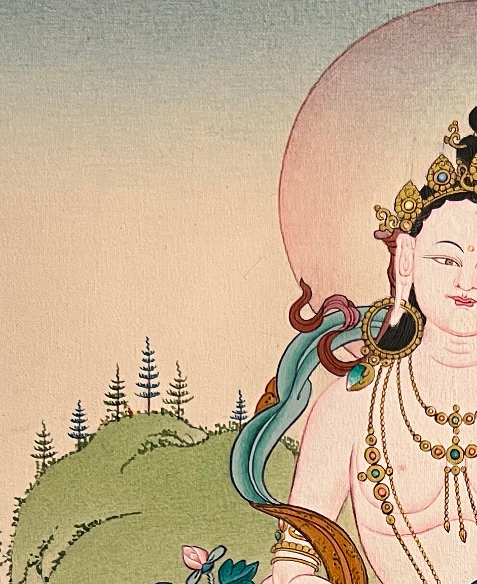 Saraswati thangka, detail: top-left corner