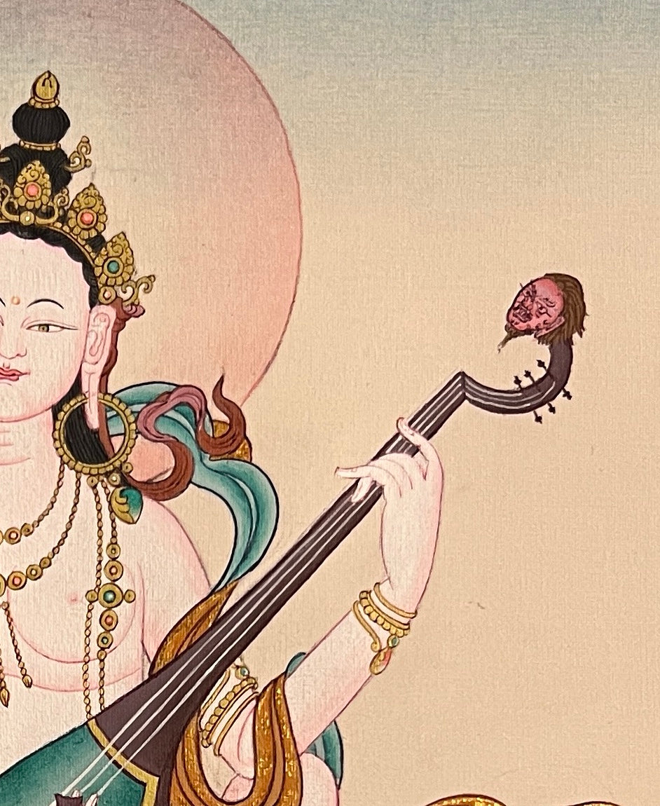 Saraswati thangka, detail: top-right corner