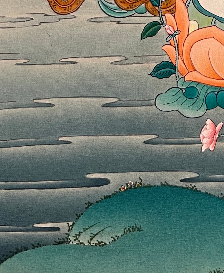 Saraswati thangka, detail: bottom-left corner