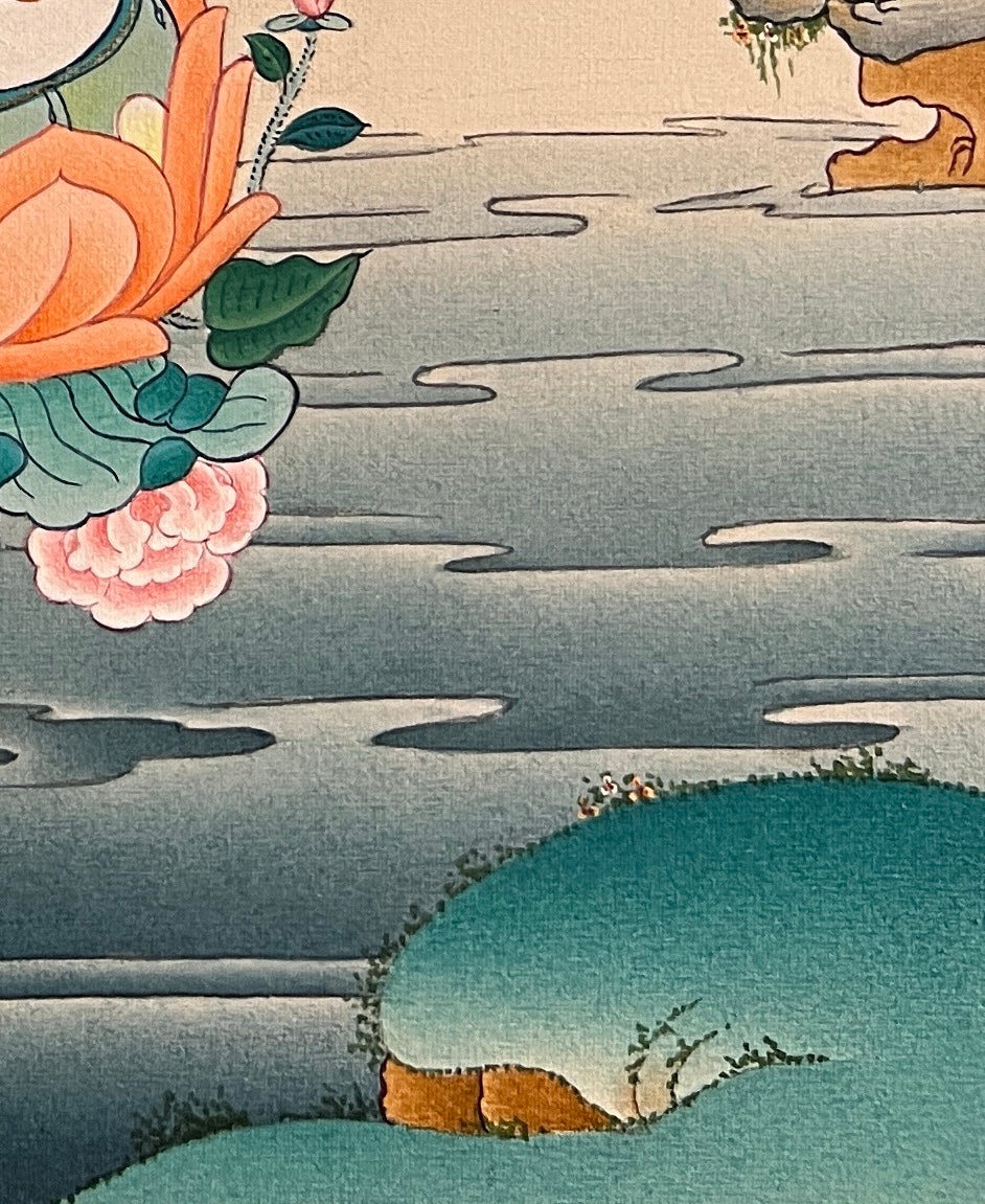 Saraswati thangka, detail: bottom-right corner