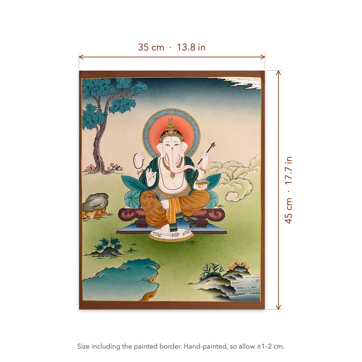 Size diagram: 35 × 45 cm (13.8 × 17.7 in), including the painted border