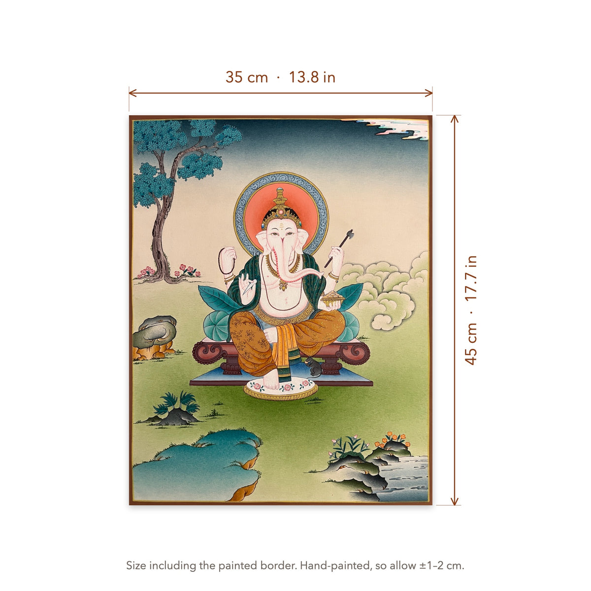 Size diagram: 35 × 45 cm (13.8 × 17.7 in), including the painted border