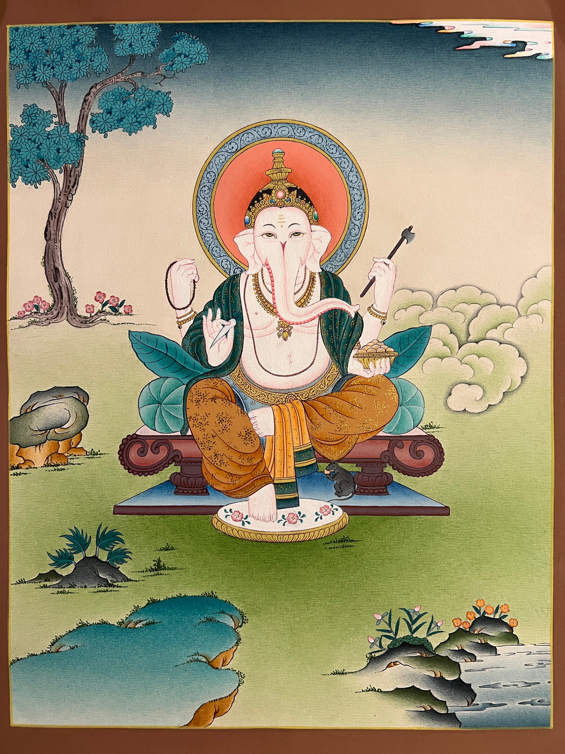 Ganesh thangka, 35×45 cm: four-armed Ganesh on a low throne with his rat, in a calm, open landscape