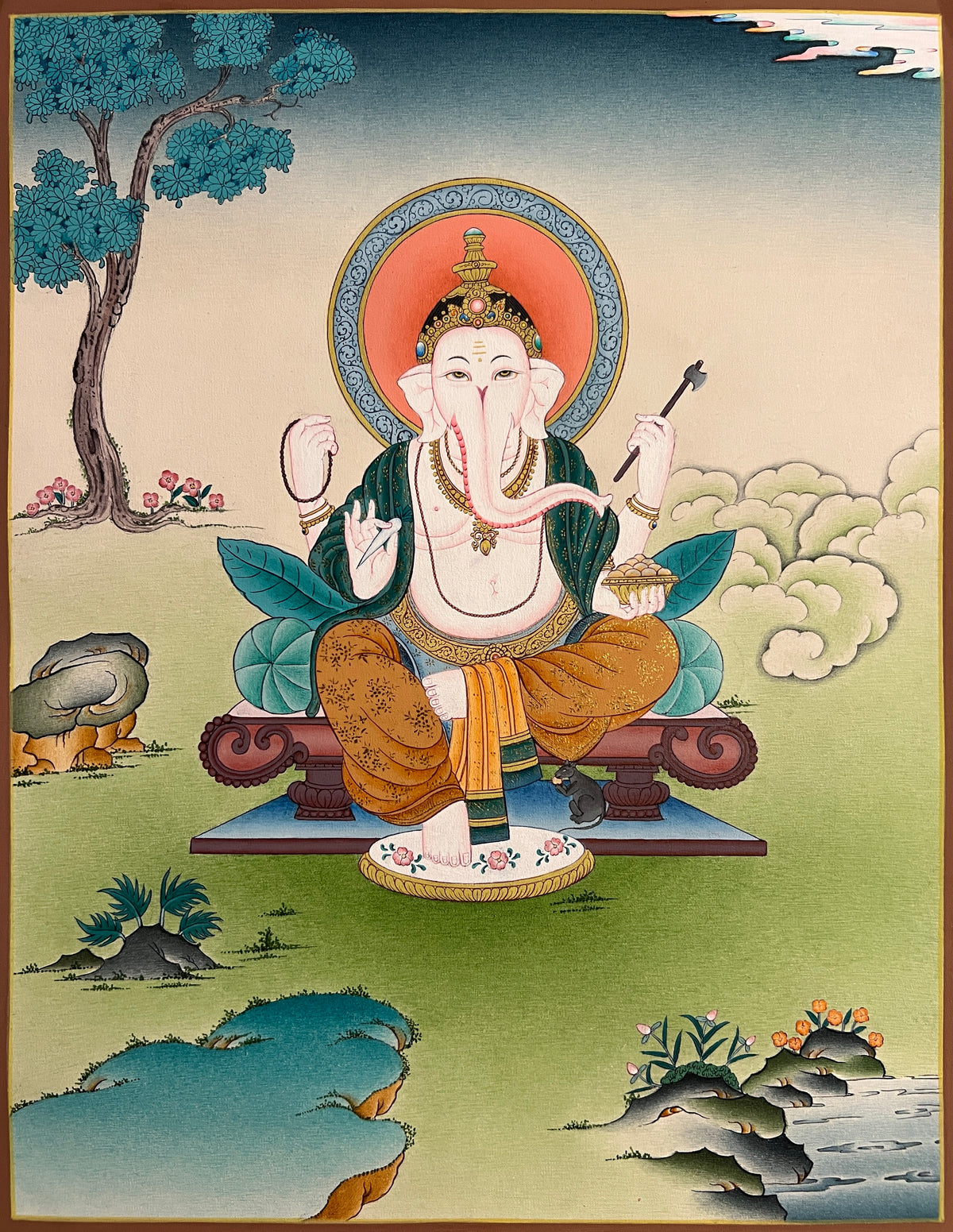 Ganesh thangka, 35×45 cm: four-armed Ganesh on a low throne with his rat, in a calm, open landscape
