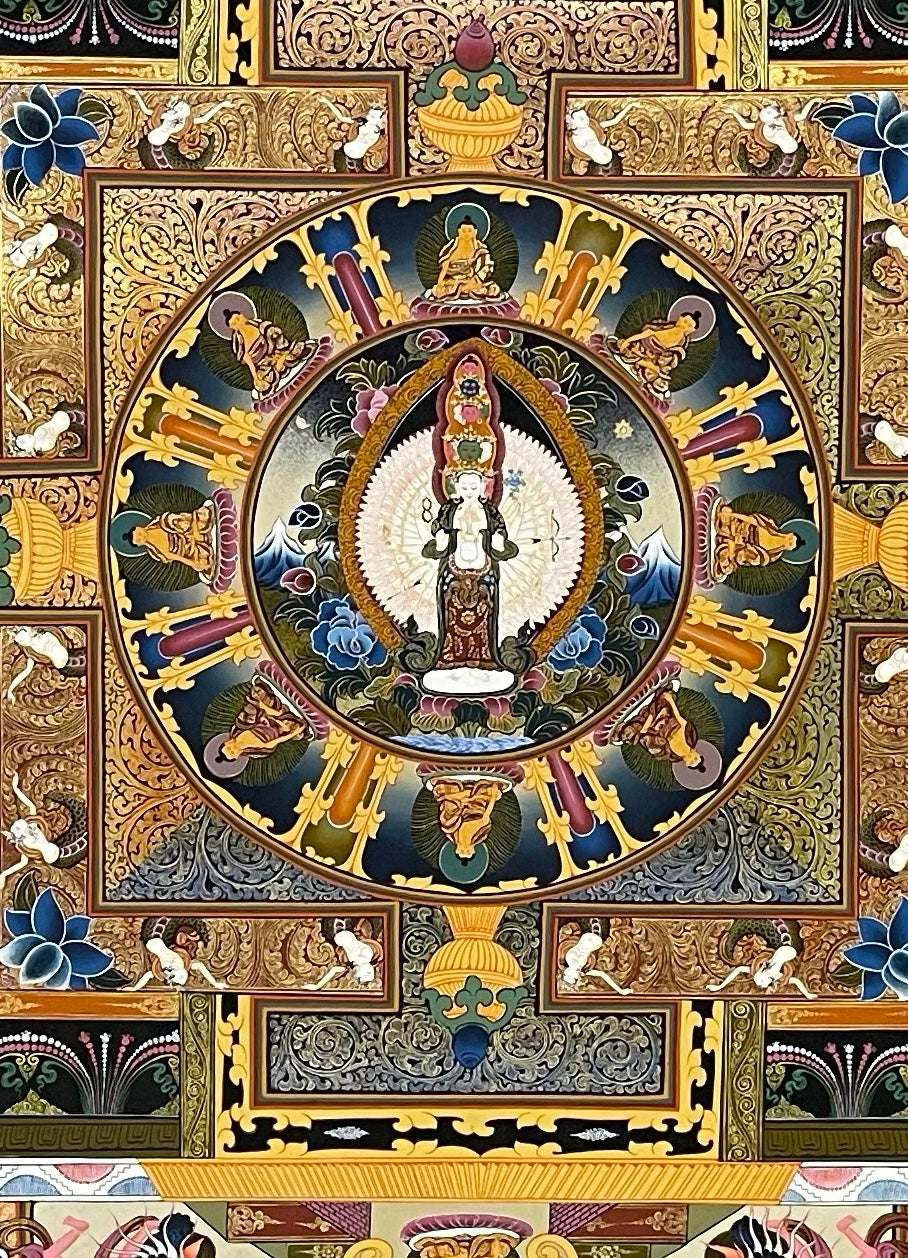 Lokeshwor Mandala thangka, 121×162 cm: thousand-armed Chenrezig at the centre of a mandala palace, with Buddhas, teachers