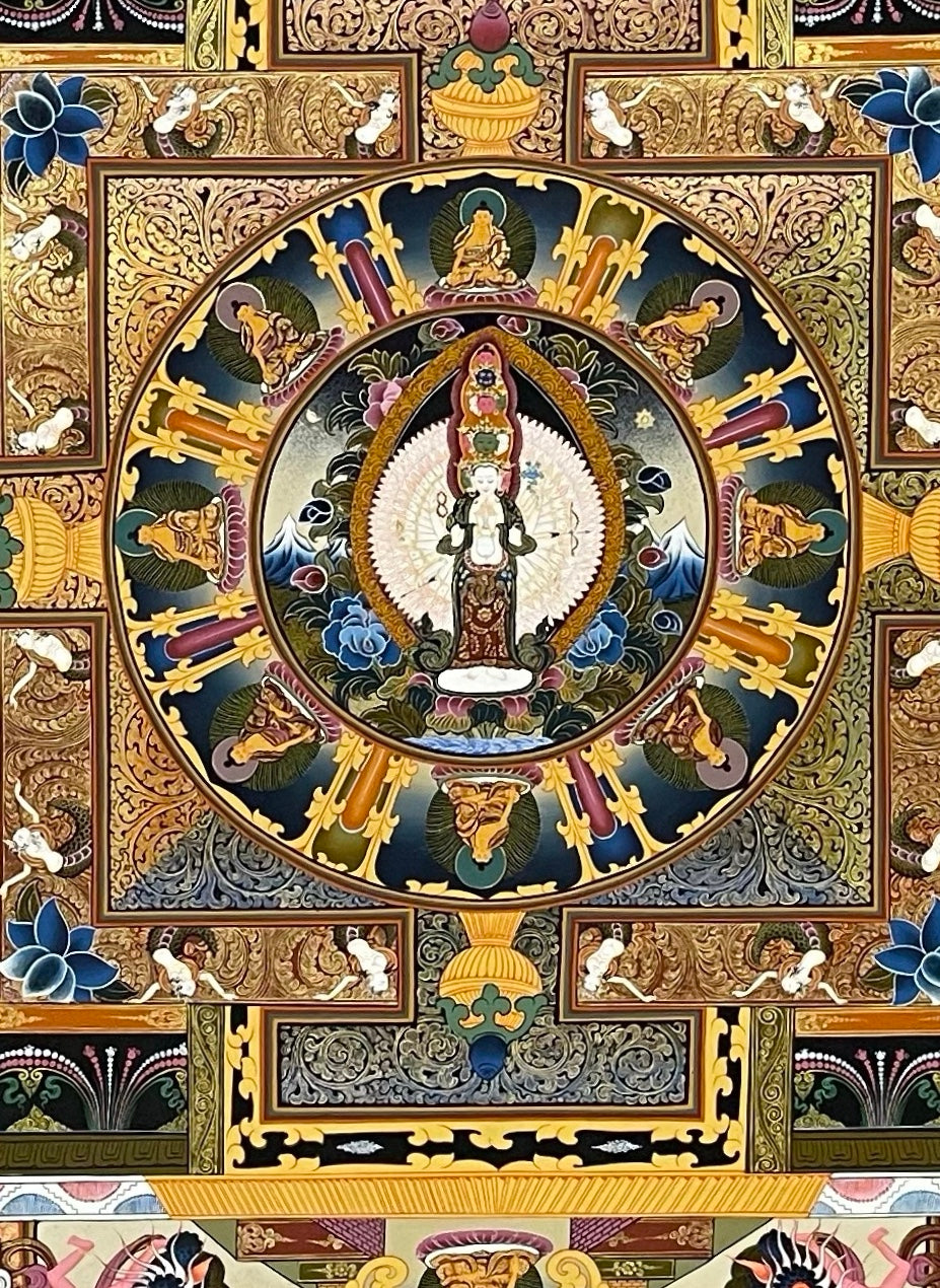 Lokeshwor Mandala thangka, 121×162 cm: thousand-armed Chenrezig at the centre of a mandala palace, with Buddhas, teachers
