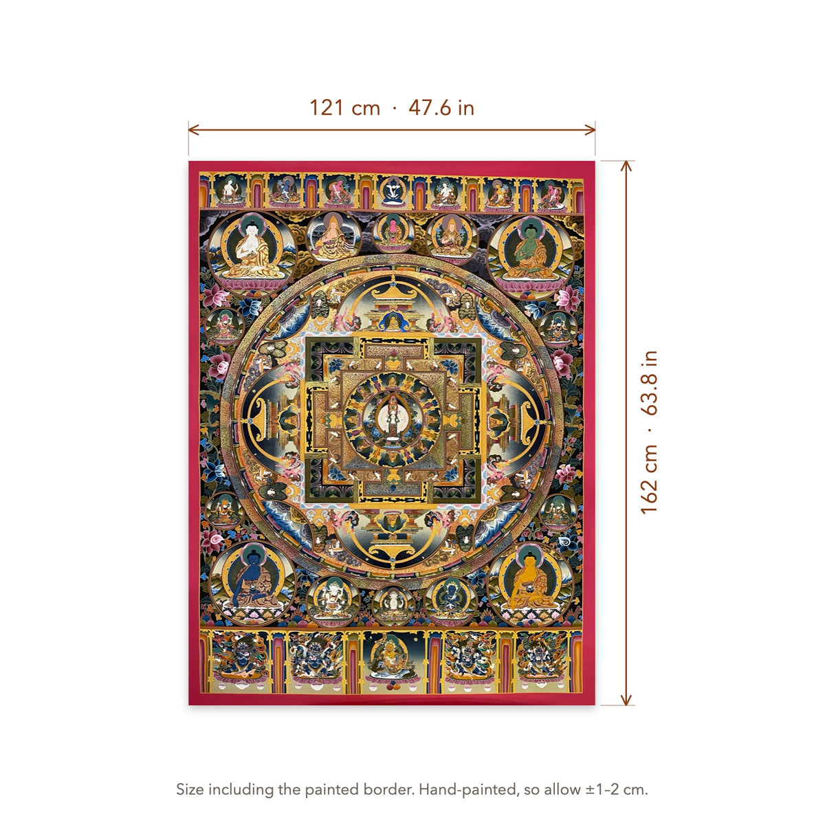 Size diagram: 121 × 162 cm (47.6 × 63.8 in), including the painted border