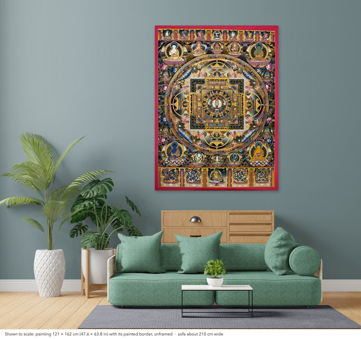 Lokeshwor Mandala thangka shown to scale in a living room, unframed, above a sofa about 210 cm wide (121×162 cm)