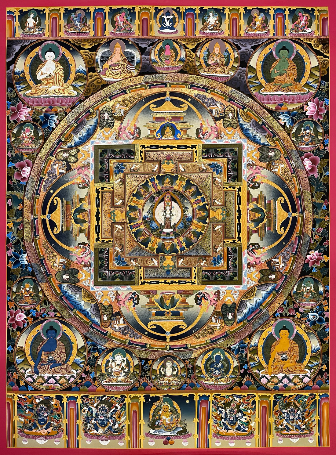 Lokeshwor Mandala thangka, 121×162 cm: thousand-armed Chenrezig at the centre of a mandala palace, with Buddhas, teachers
