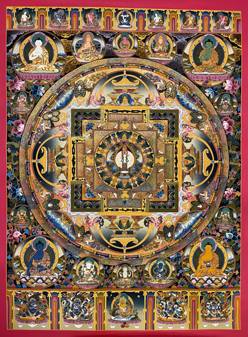 Lokeshwor Mandala thangka, 121×162 cm: thousand-armed Chenrezig at the centre of a mandala palace, with Buddhas, teachers