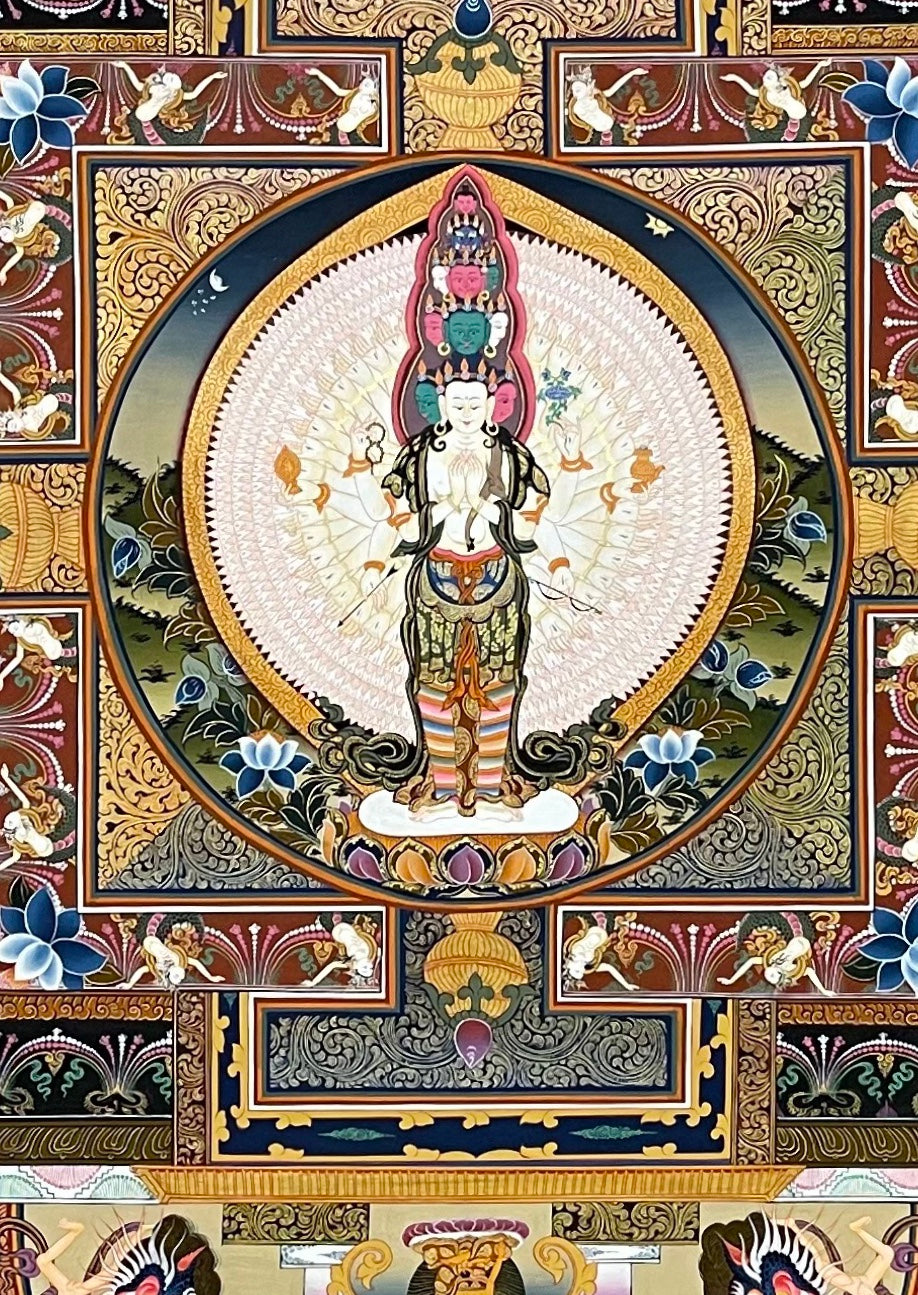 Lokeshwor Mandala thangka, 121×162 cm: thousand-armed Chenrezig at the centre of a mandala palace, with White Tara, Green Tara