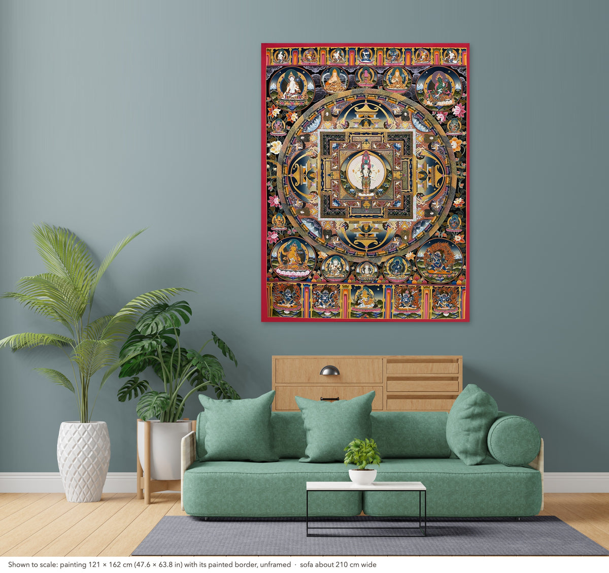 Lokeshwor Mandala thangka shown to scale in a living room, unframed, above a sofa about 210 cm wide (121×162 cm)