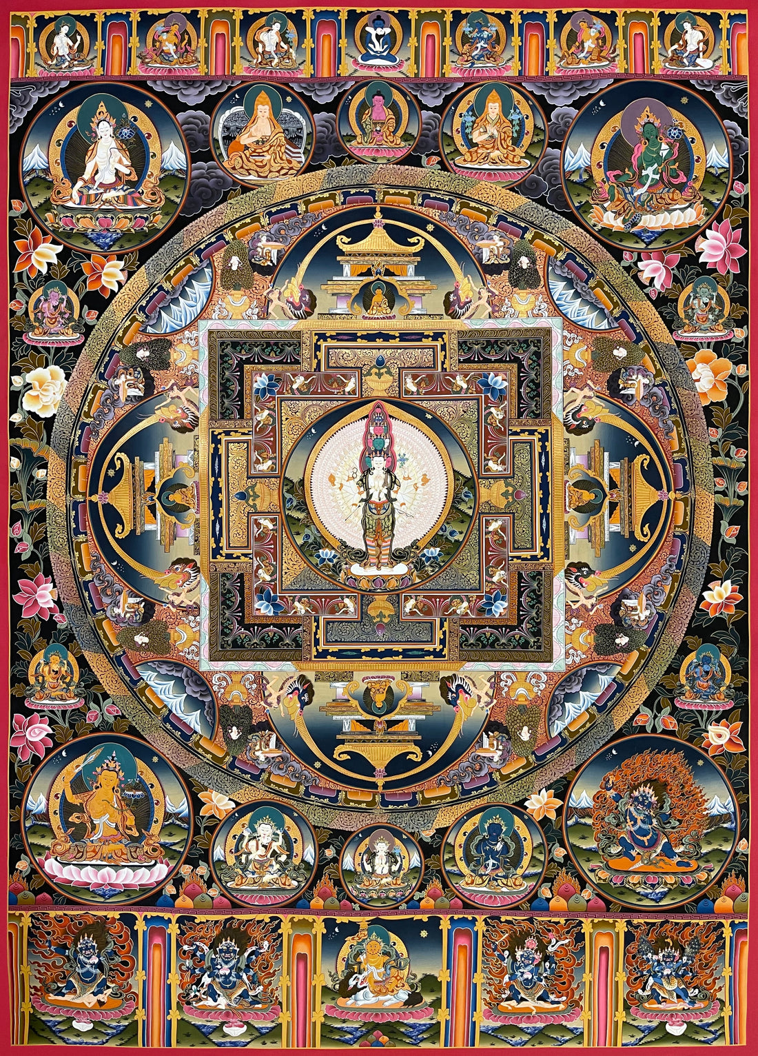 Lokeshwor Mandala thangka, 121×162 cm: thousand-armed Chenrezig at the centre of a mandala palace, with White Tara, Green Tara