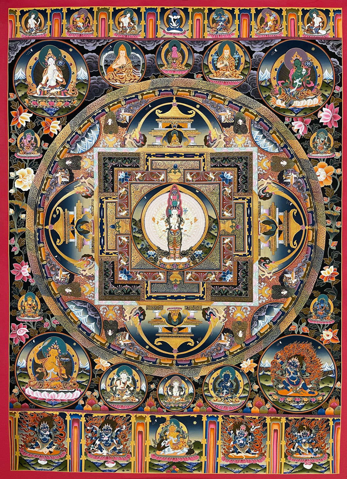 Lokeshwor Mandala thangka, 121×162 cm: thousand-armed Chenrezig at the centre of a mandala palace, with White Tara, Green Tara