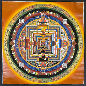 Kalachakra Mandala thangka, 105×105 cm: Kalachakra palace mandala with rings of mantra syllables and dharma wheels on a deep orange ground