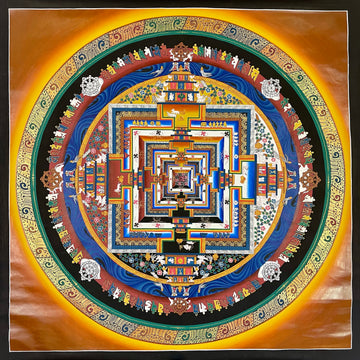 Kalachakra Mandala thangka, 105×105 cm: Kalachakra palace mandala with rings of mantra syllables and dharma wheels on an amber ground