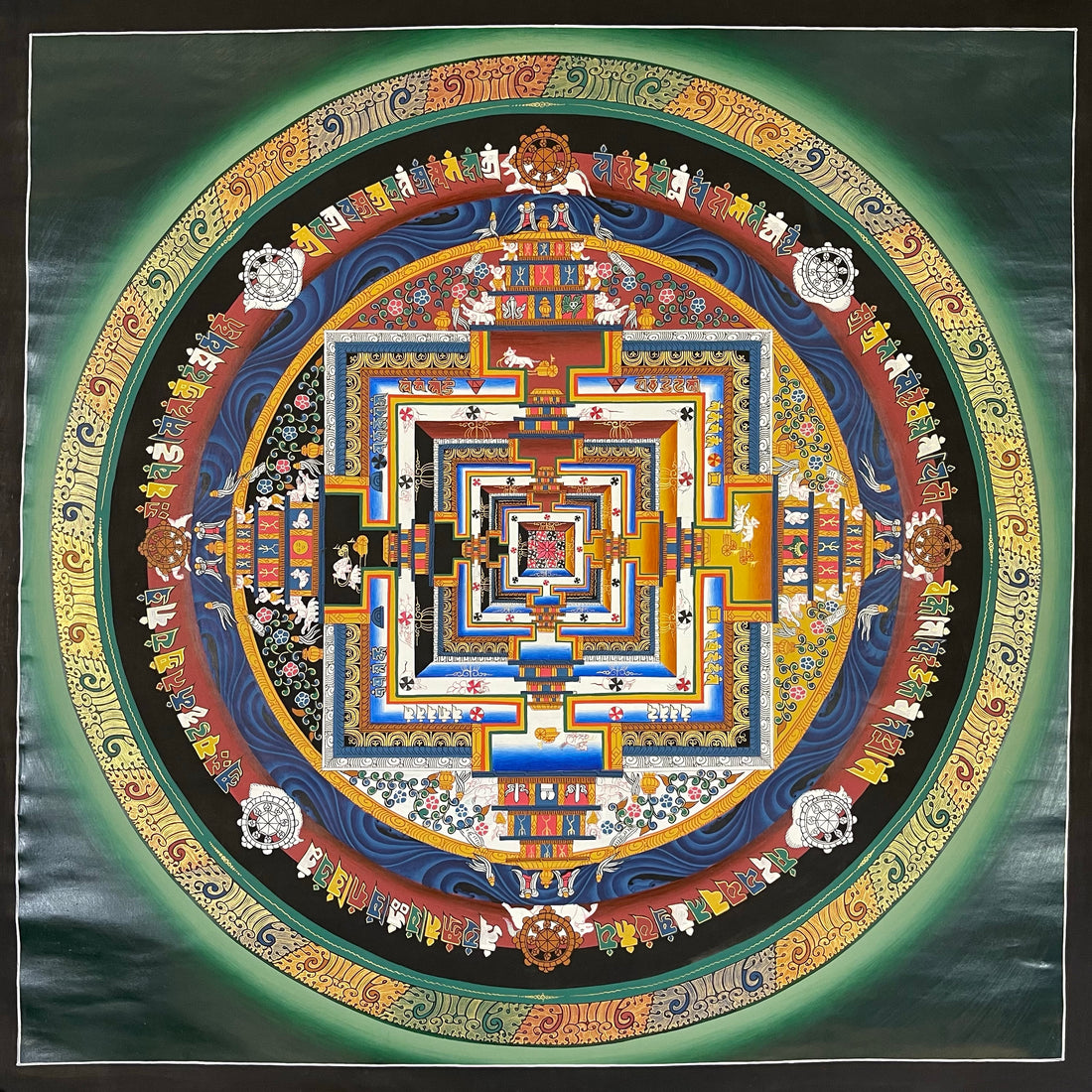 Kalachakra Mandala thangka, 105×105 cm: Kalachakra palace mandala with rings of mantra syllables and dharma wheels on a dark green ground