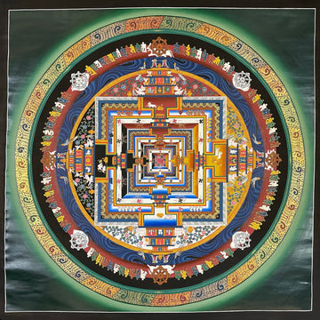 Kalachakra Mandala thangka, 105×105 cm: Kalachakra palace mandala with rings of mantra syllables and dharma wheels on a dark green ground