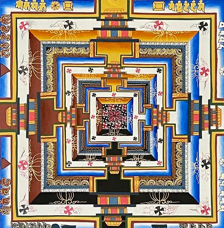 Kalachakra Mandala thangka, 103×103 cm: Kalachakra palace mandala with rings of mantra syllables and dharma wheels on a terracotta ground