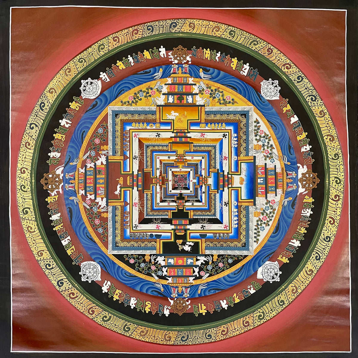 Kalachakra Mandala thangka, 103×103 cm: Kalachakra palace mandala with rings of mantra syllables and dharma wheels on a terracotta ground
