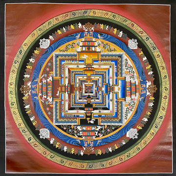 Kalachakra Mandala thangka, 103×103 cm: Kalachakra palace mandala with rings of mantra syllables and dharma wheels on a terracotta ground