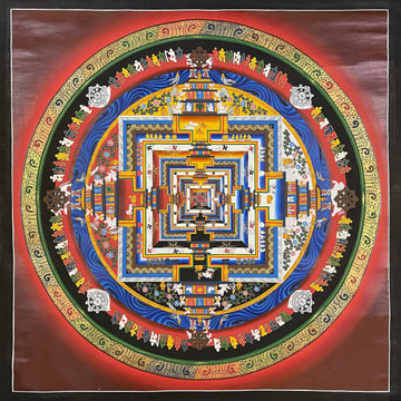 Kalachakra Mandala thangka, 103×103 cm: Kalachakra palace mandala with rings of mantra syllables and dharma wheels on a deep red ground