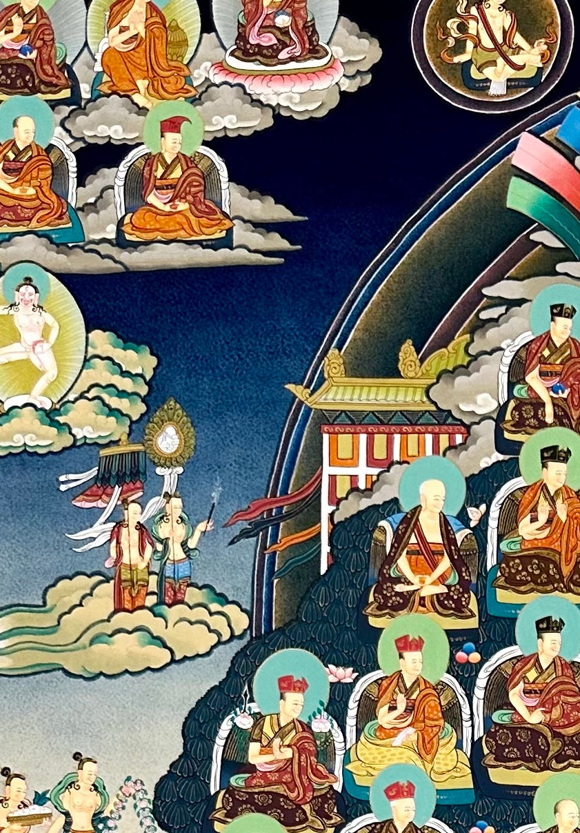 Refuge Tree with Vajradhara thangka, detail: top-left corner