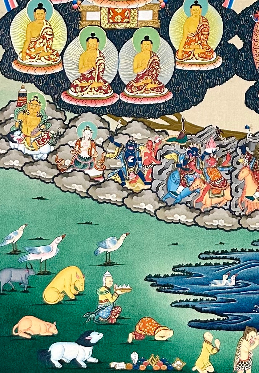 Refuge Tree with Vajradhara thangka, detail: bottom-left corner