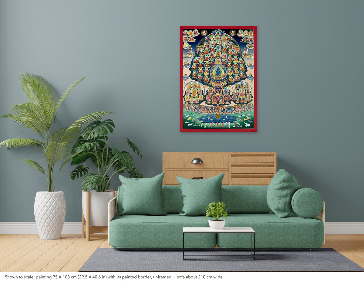 Refuge Tree with Vajradhara thangka shown to scale in a living room, unframed, above a sofa about 210 cm wide (75×103 cm)