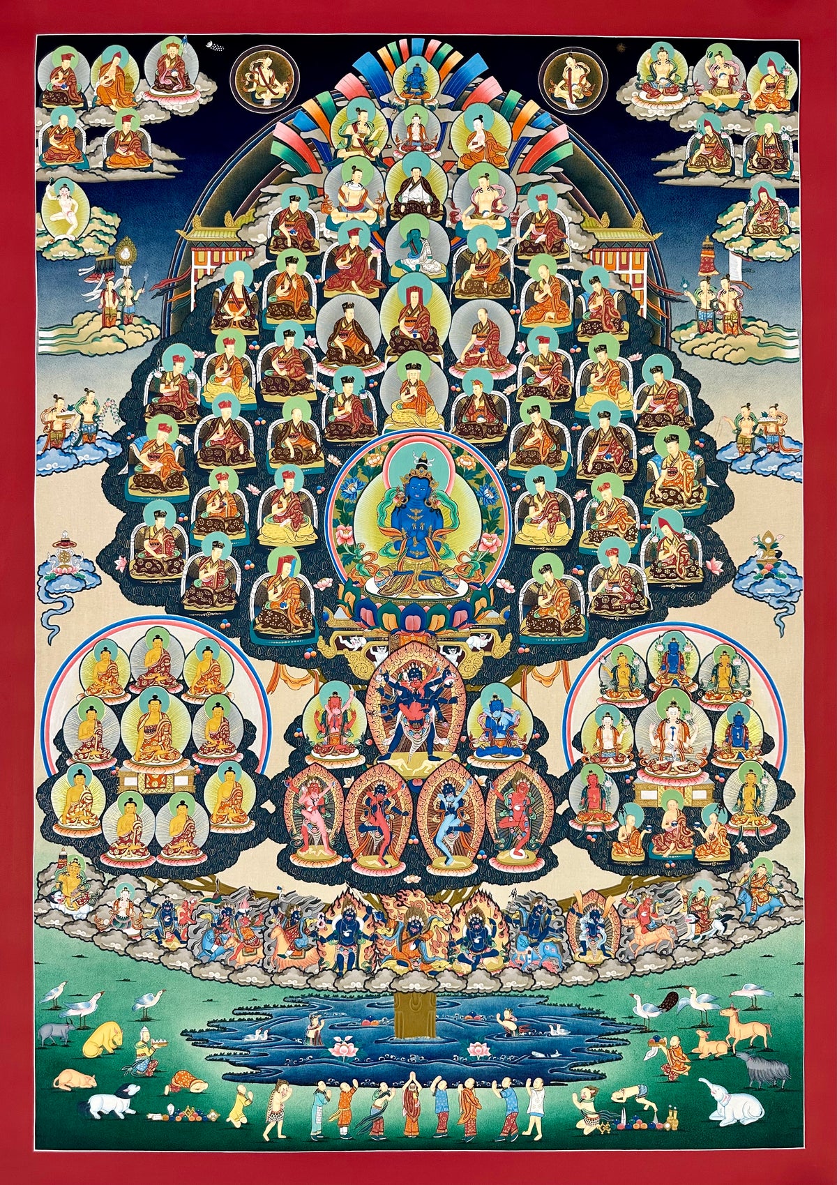 Refuge Tree with Vajradhara thangka, 75×103 cm: blue Vajradhara at the centre of a tree of lineage masters, Buddhas, deities and protectors