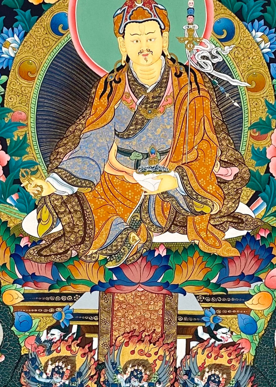 Refuge Tree thangka, 75×103 cm: Padmasambhava at the centre of a tree of lineage masters, Buddhas and wrathful deities