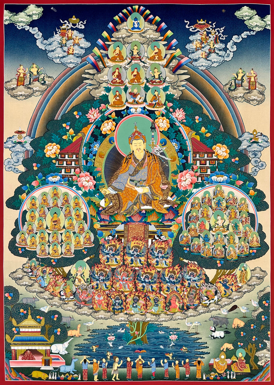 Refuge Tree thangka, 75×103 cm: Padmasambhava at the centre of a tree of lineage masters, Buddhas and wrathful deities