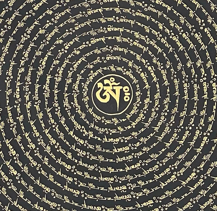 Mantra Mandala thangka, 108×108 cm: concentric rings of gold-coloured mantra script on black around a single Om, with a border of triangles